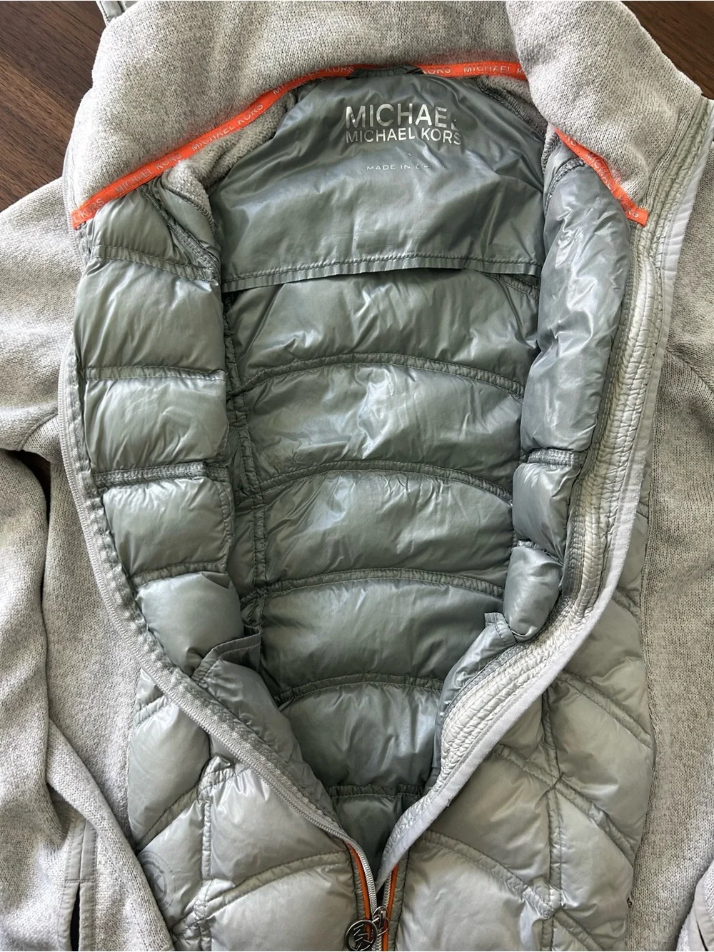 Michael Kors Light Gray Quilted Hooded Jacket with Coral Trim